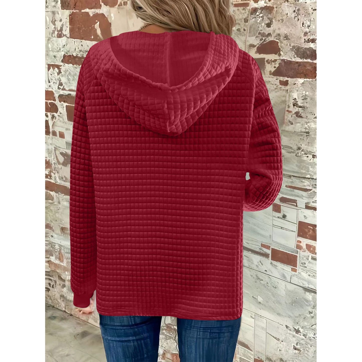 Full Size Texture Button Detail Drawstring Long Sleeve Hoodie