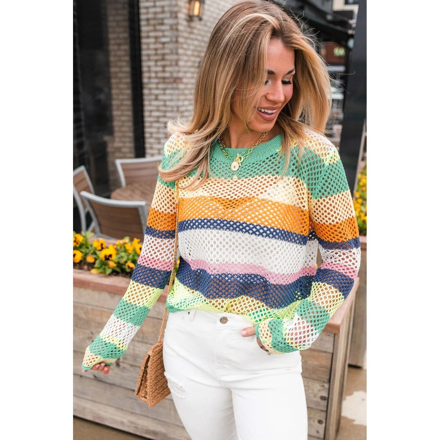 Openwork Contrast Striped Round Neck Knit Top