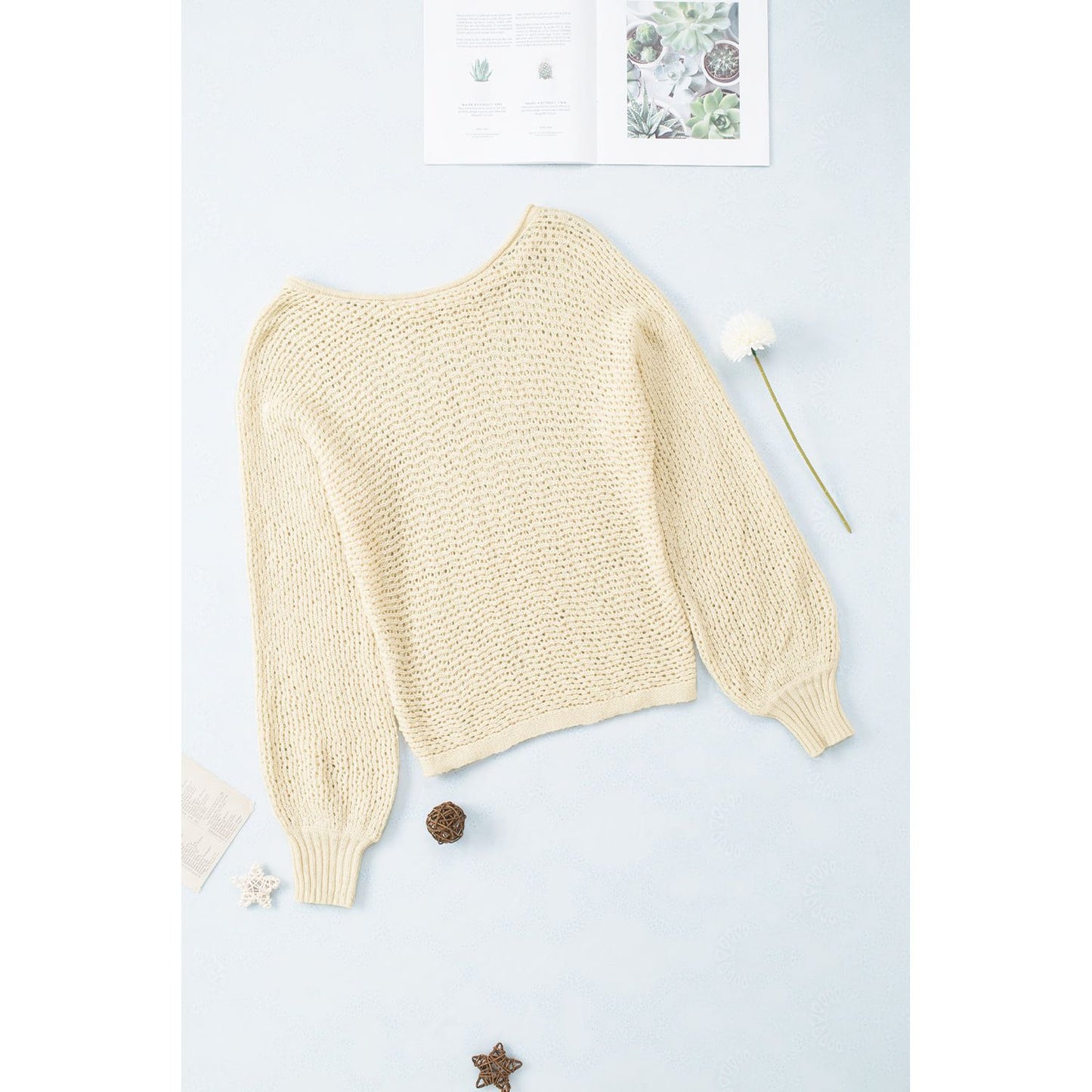 Openwork Boat Neck Raglan Sleeve Knit Top