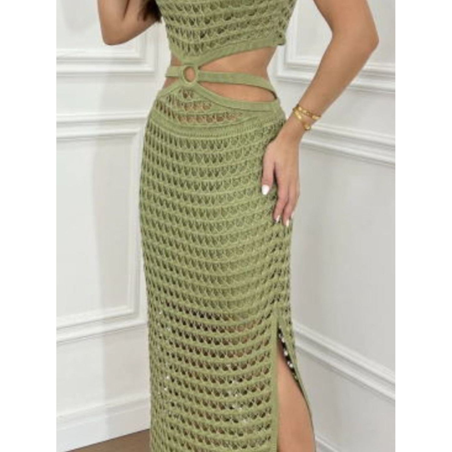 Cutout Slit Round Neck Sweater Dress