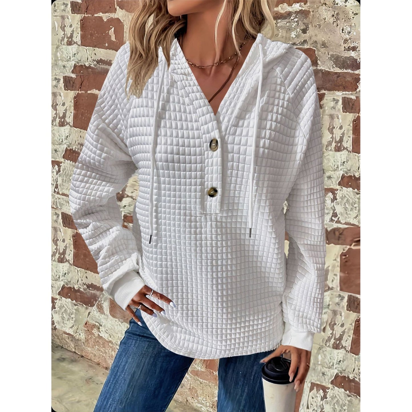 Full Size Texture Button Detail Drawstring Long Sleeve Hoodie