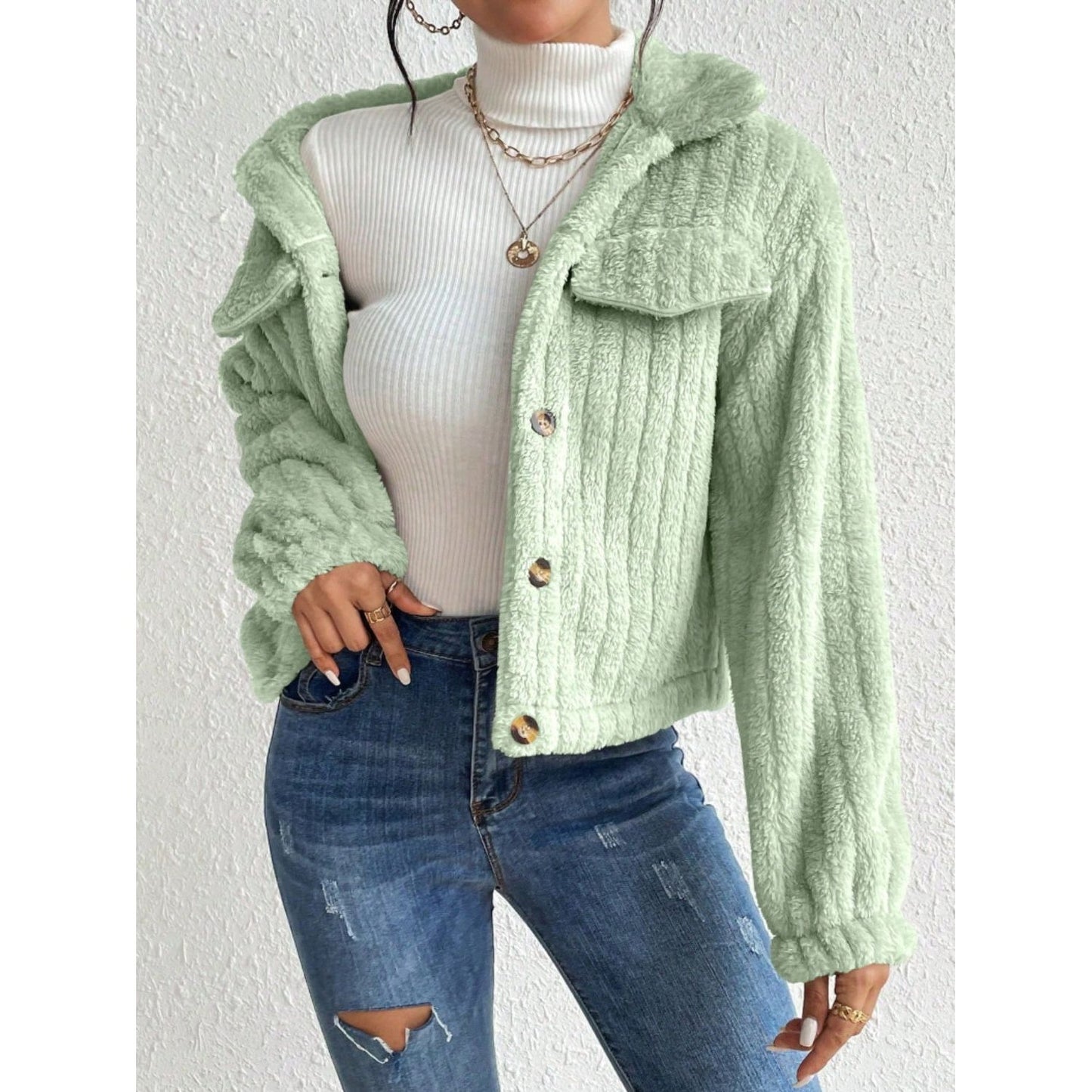 Fuzzy Button Up Collared Neck Jacket