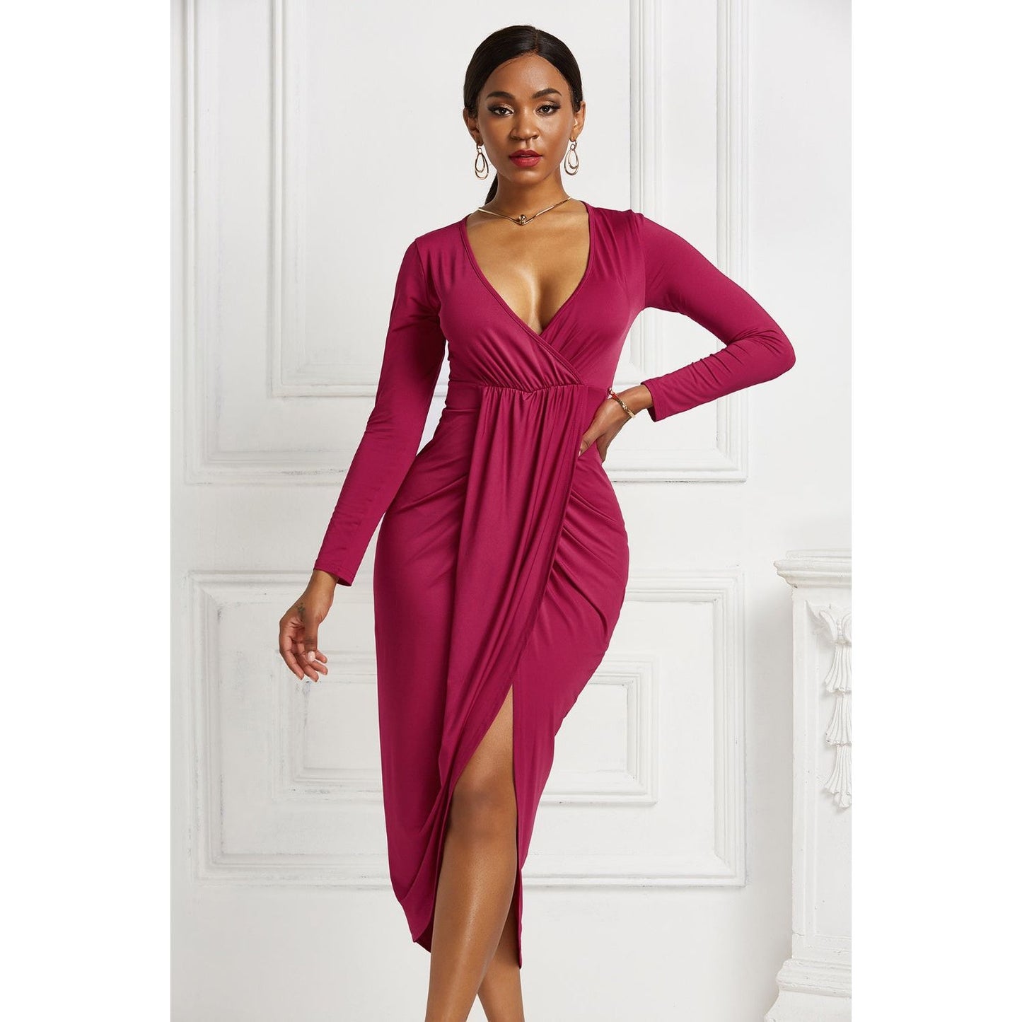High-low Ruched Surplice Long Sleeve Dress