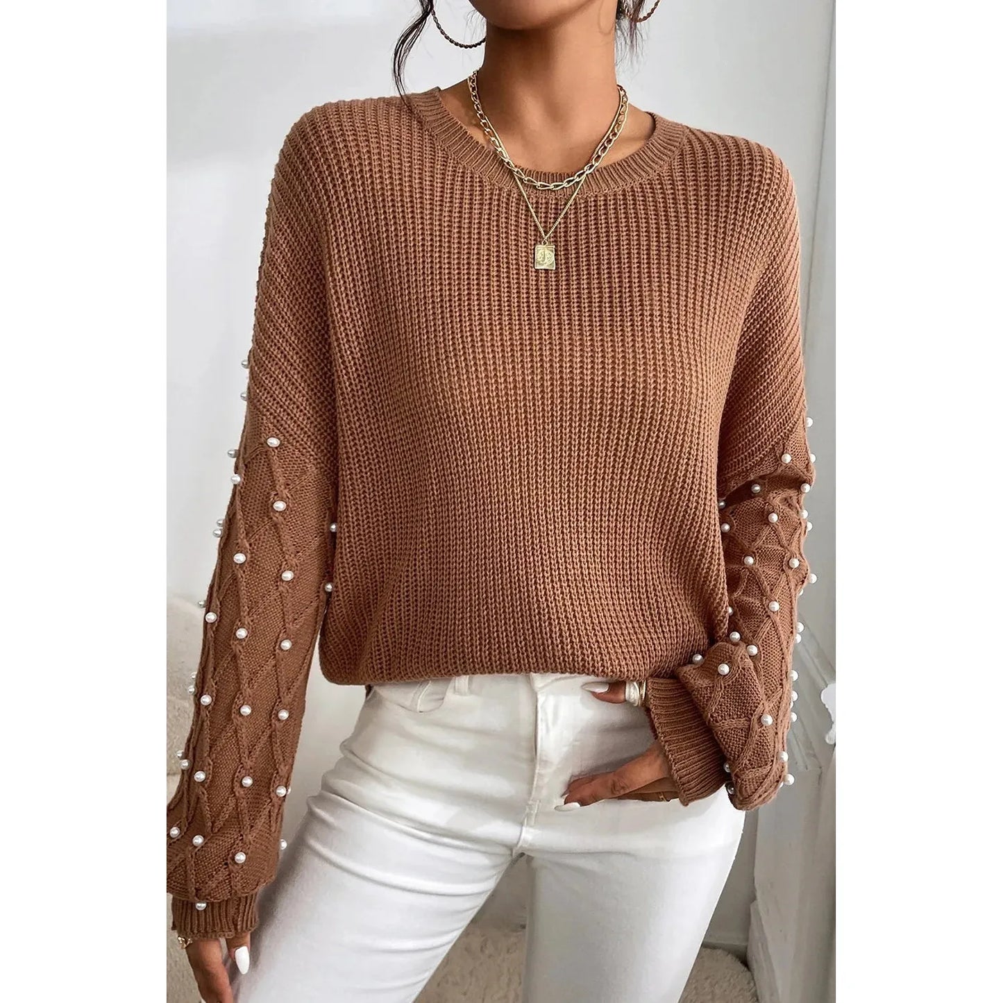 Pearl Detail Round Neck Long Sleeve Sweater
