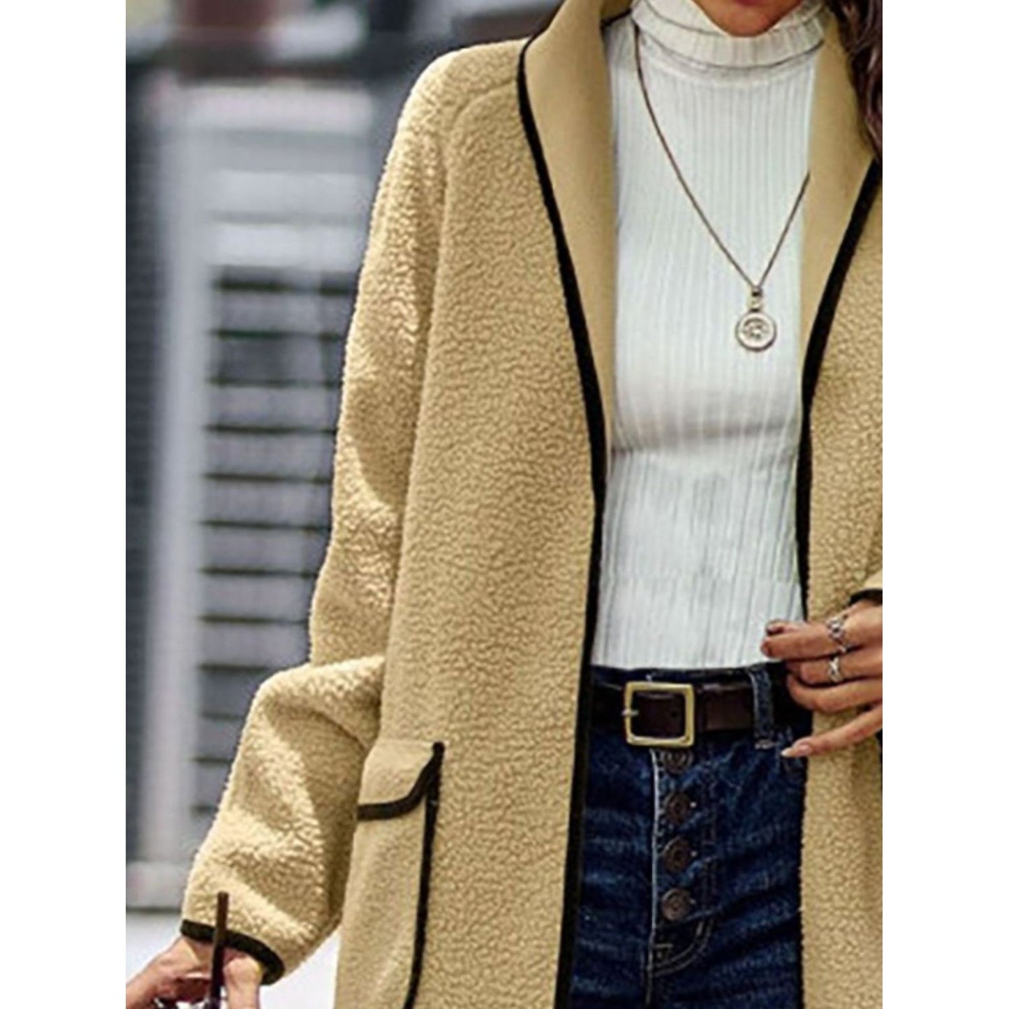 Full Size Contrast Trim Long Sleeve Coat with Pockets