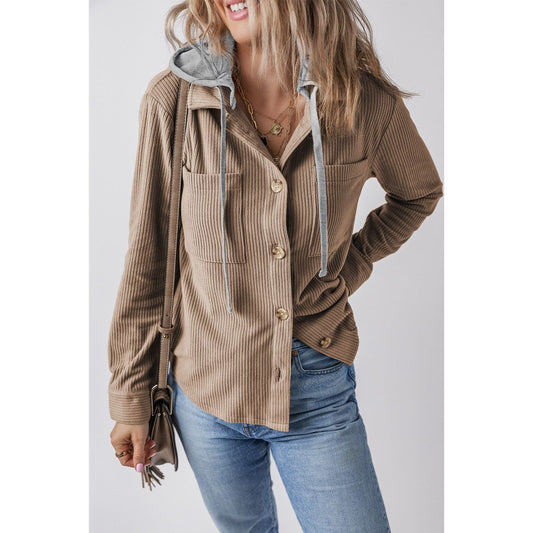 Drawstring Button Up Long Sleeve Hooded Jacket