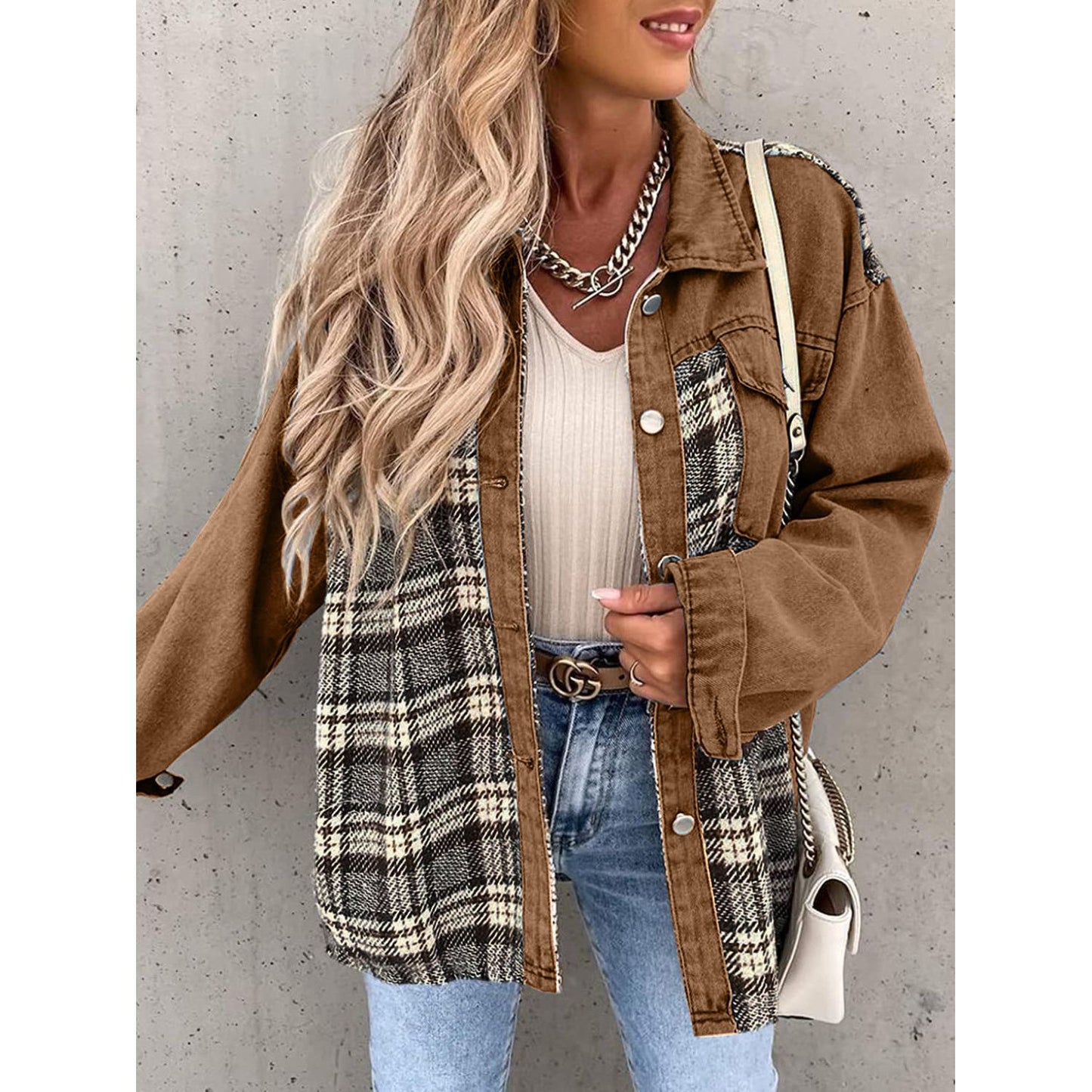 Plaid Button Up Dropped Shoulder Jacket