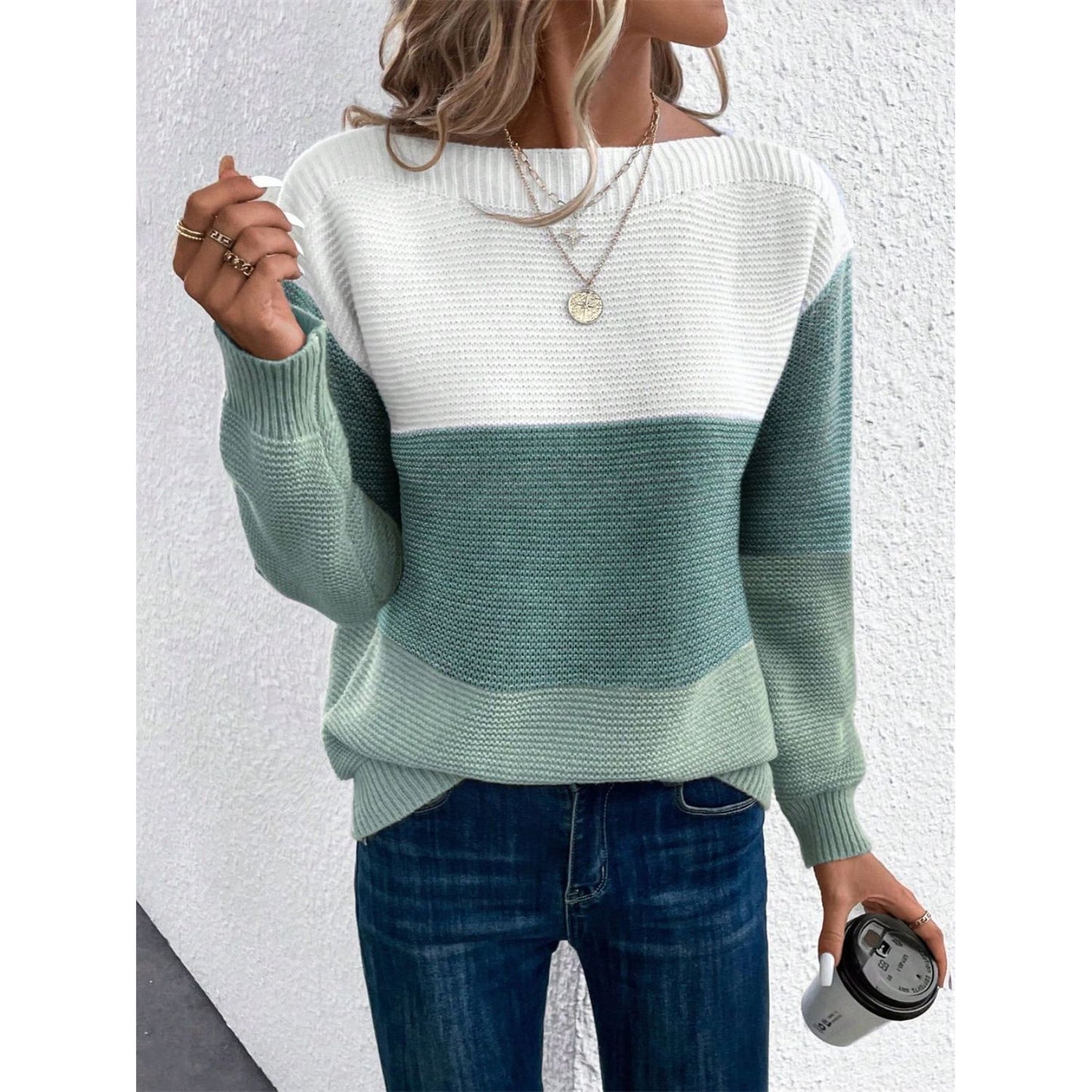 Color Block Drop Shoulder Long Sleeve Sweater
