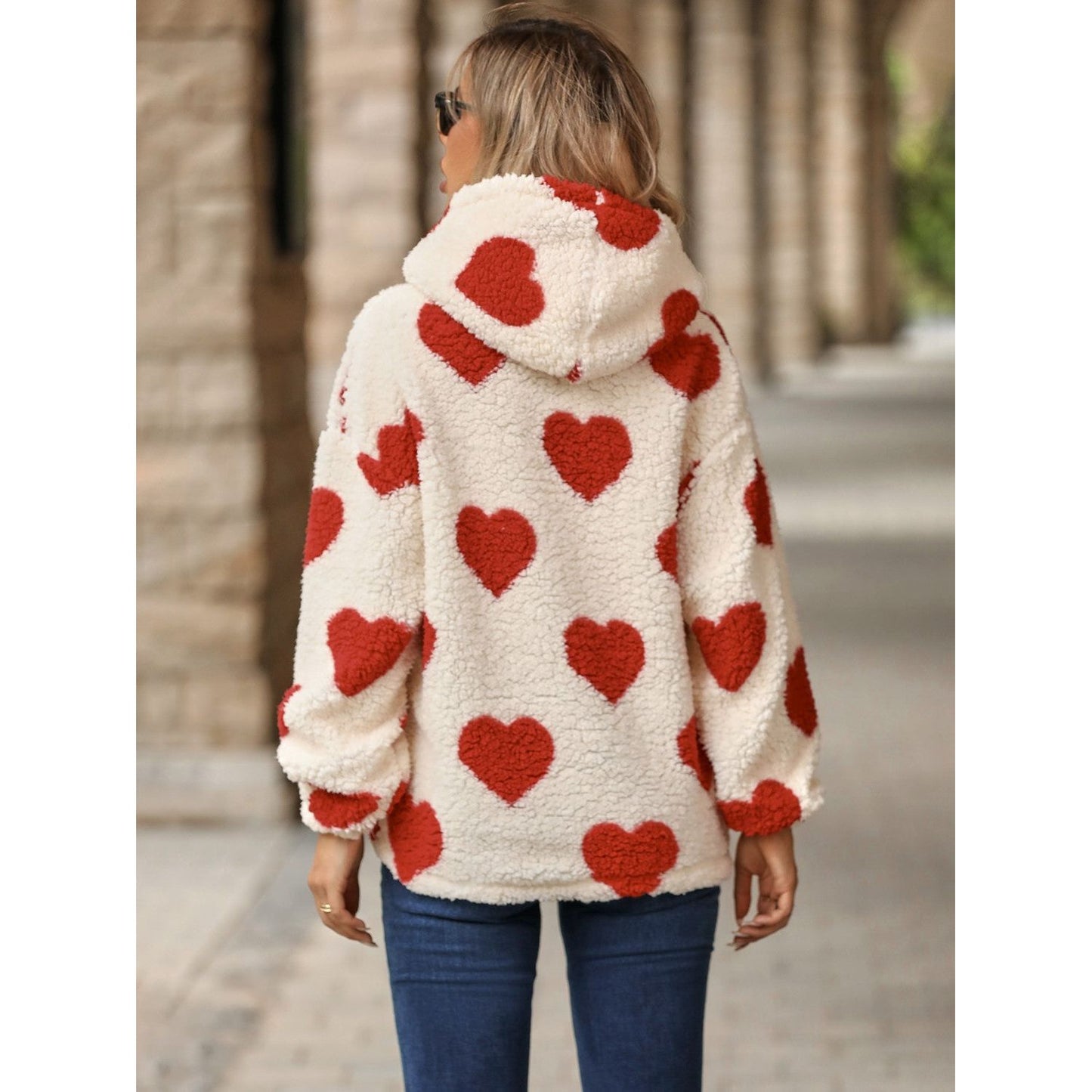 Fuzzy Heart Pocketed Dropped Shoulder Hoodie