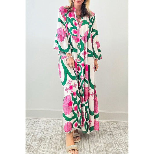 Printed Notched Long Sleeve Maxi Dress