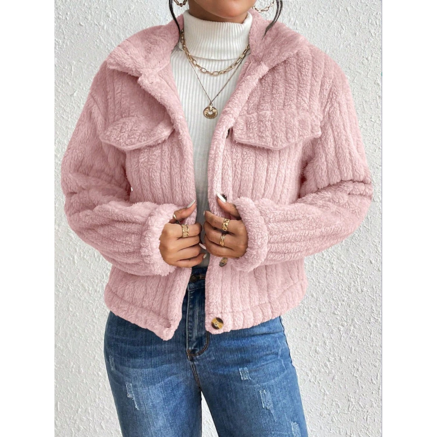 Fuzzy Button Up Collared Neck Jacket