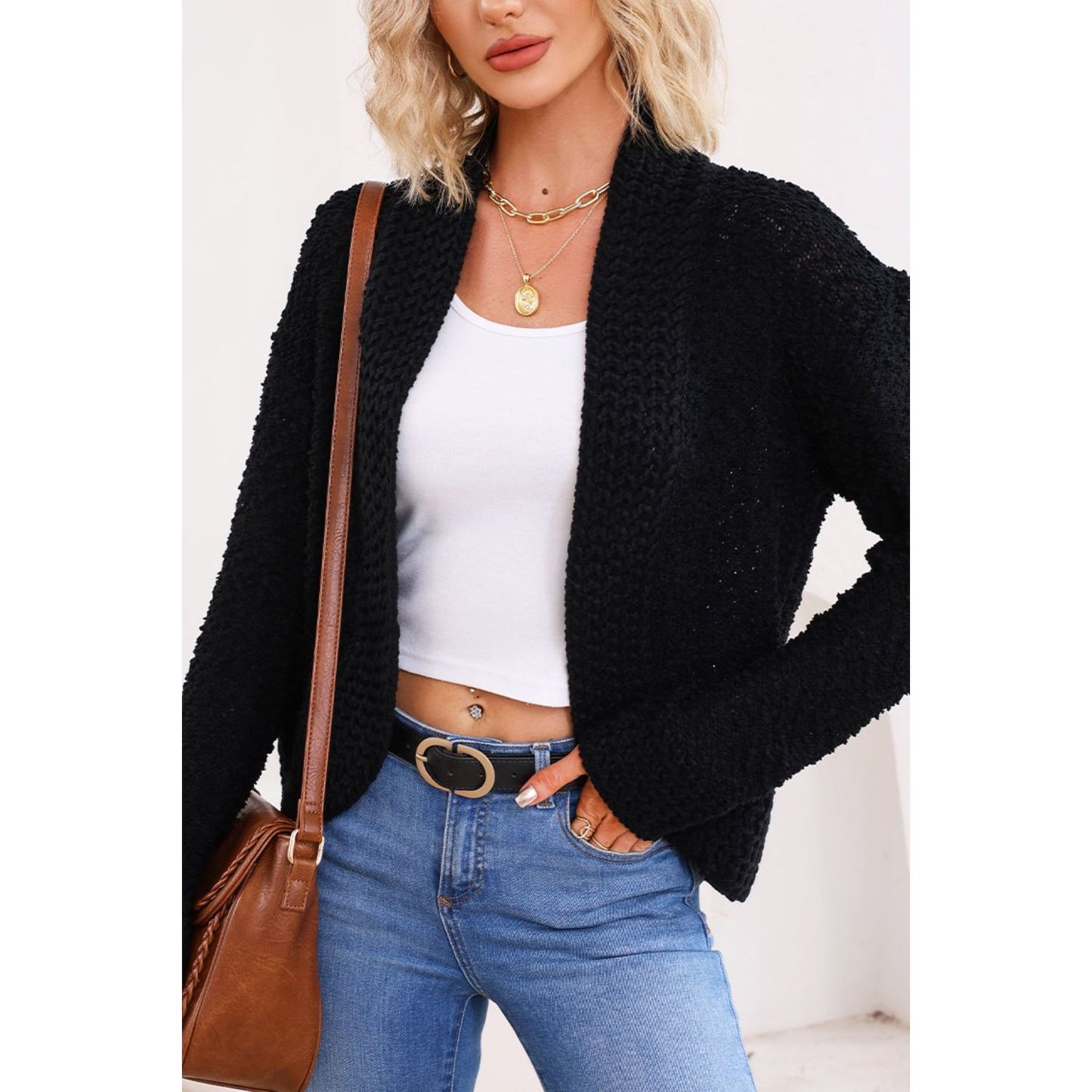 Solid Color Open Front Cardigan