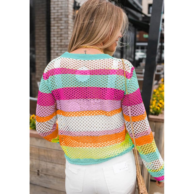 Openwork Contrast Striped Round Neck Knit Top