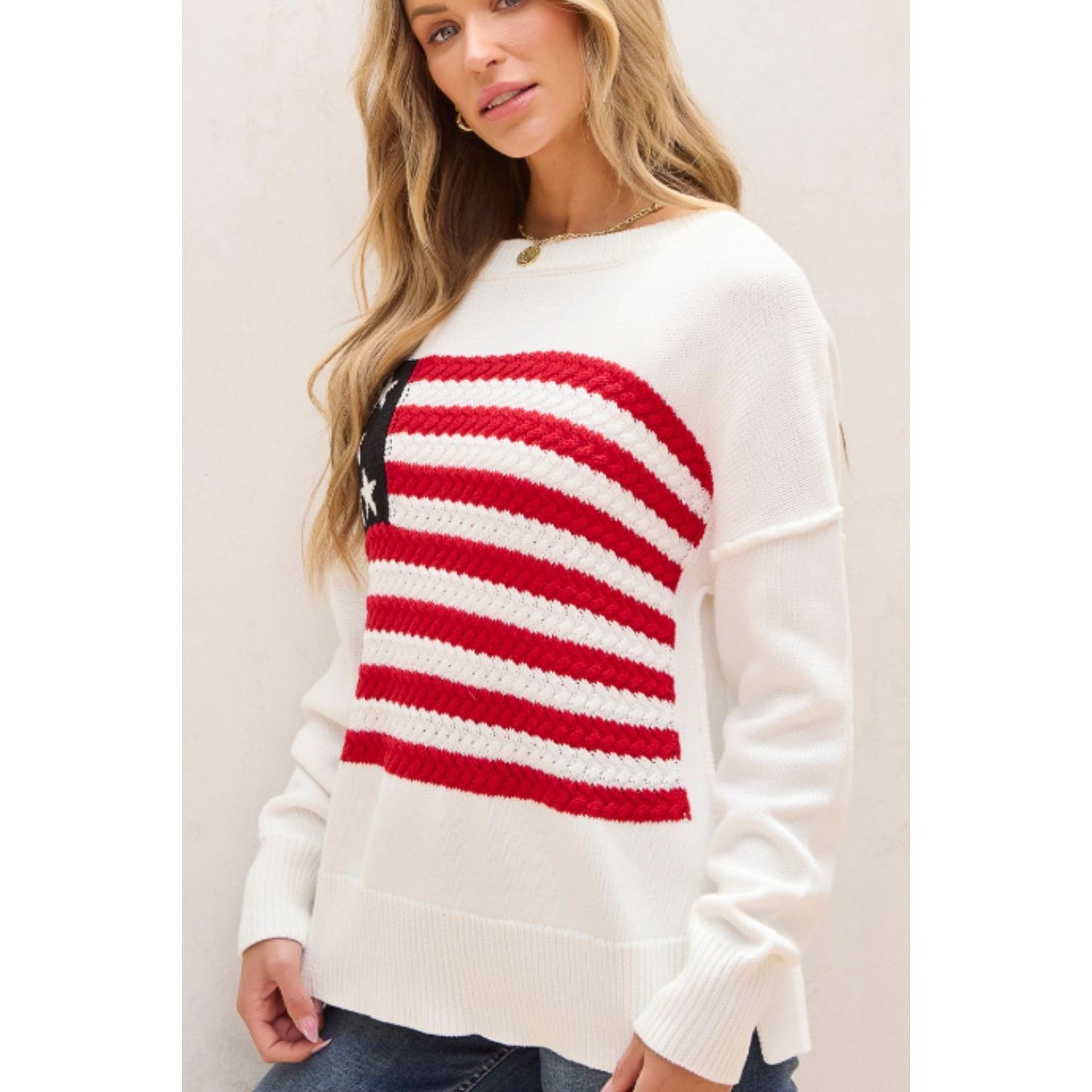 US Flag Side Slit Drop Shoulder Sweater