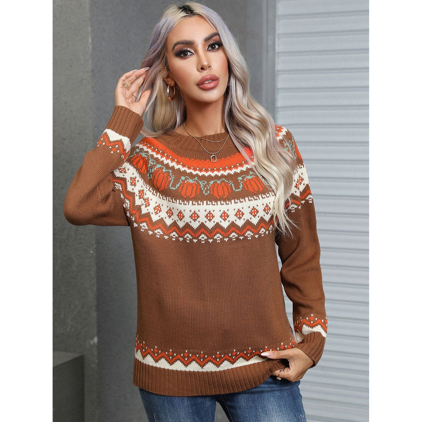 Angel Wings Geometric Round Neck Long Sleeve Sweater