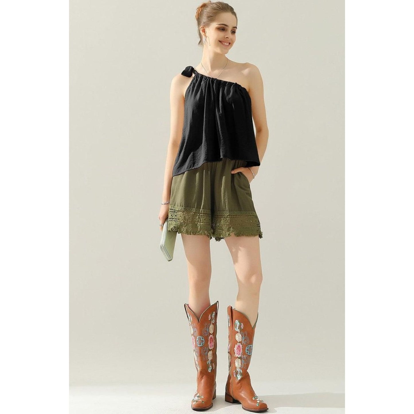 Ninexis One Shoulder Bow Tie Strap Satin Silk Top