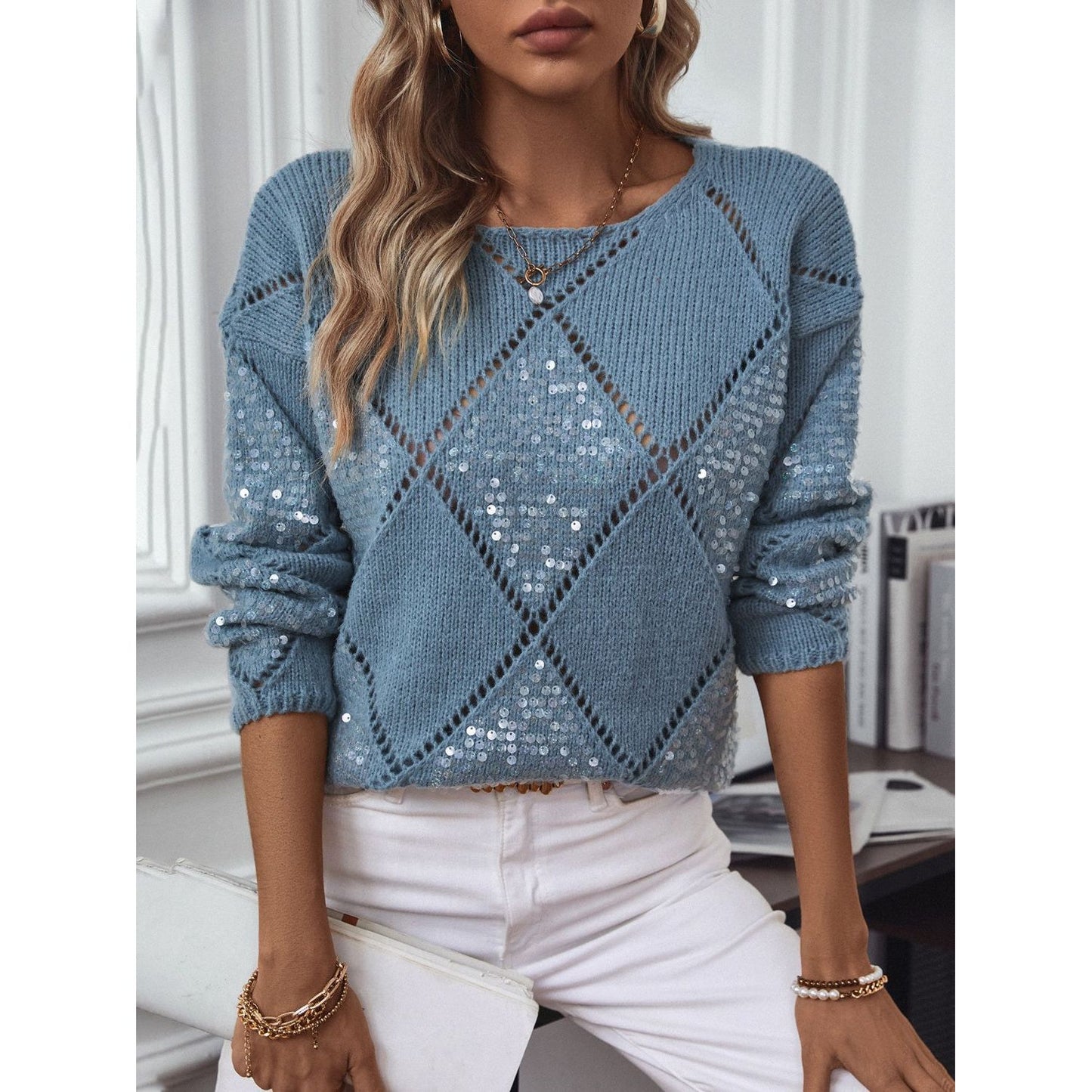 Openwork Round Neck Long Sleeve Knit Top