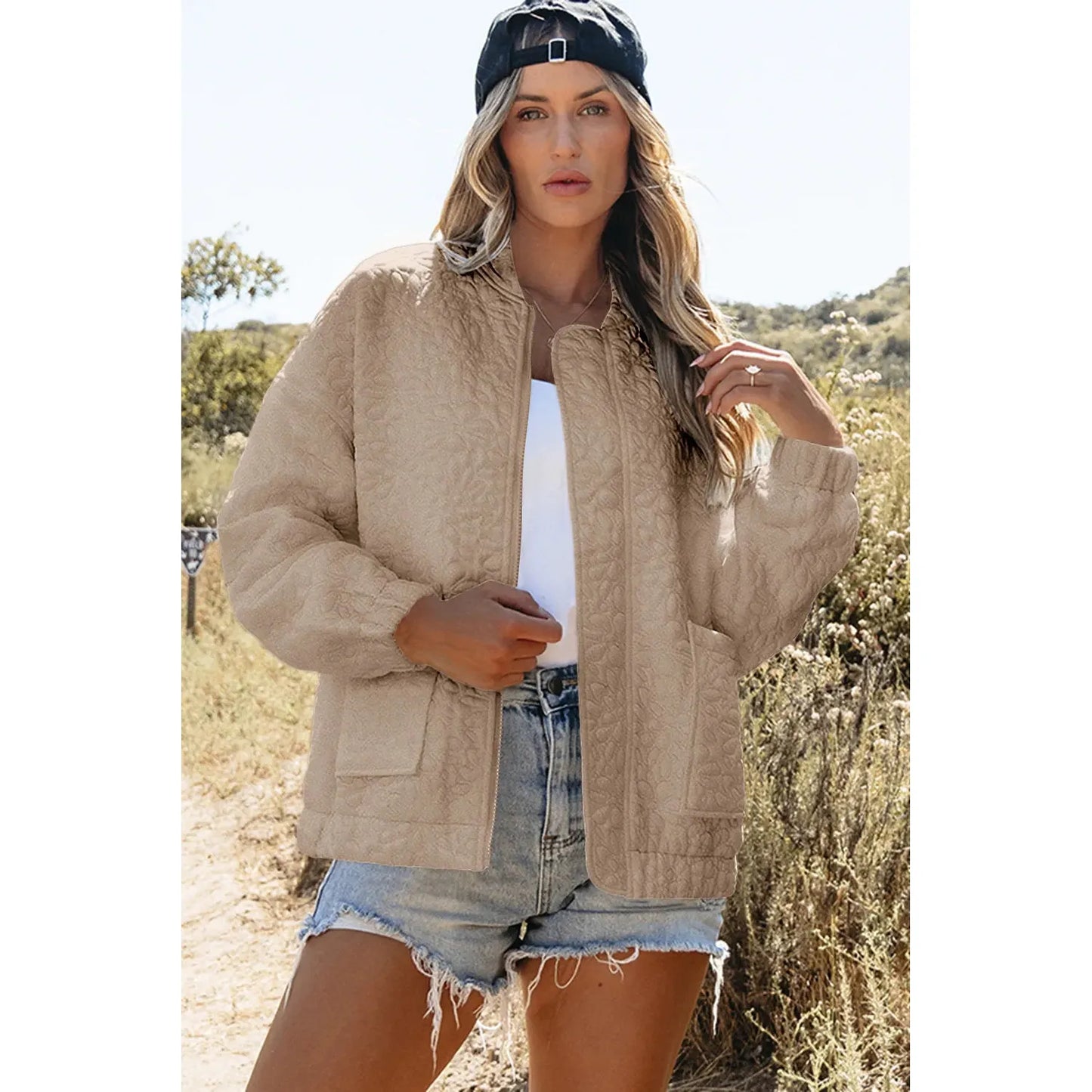 Baseball Collar Floral Quilted Jacket