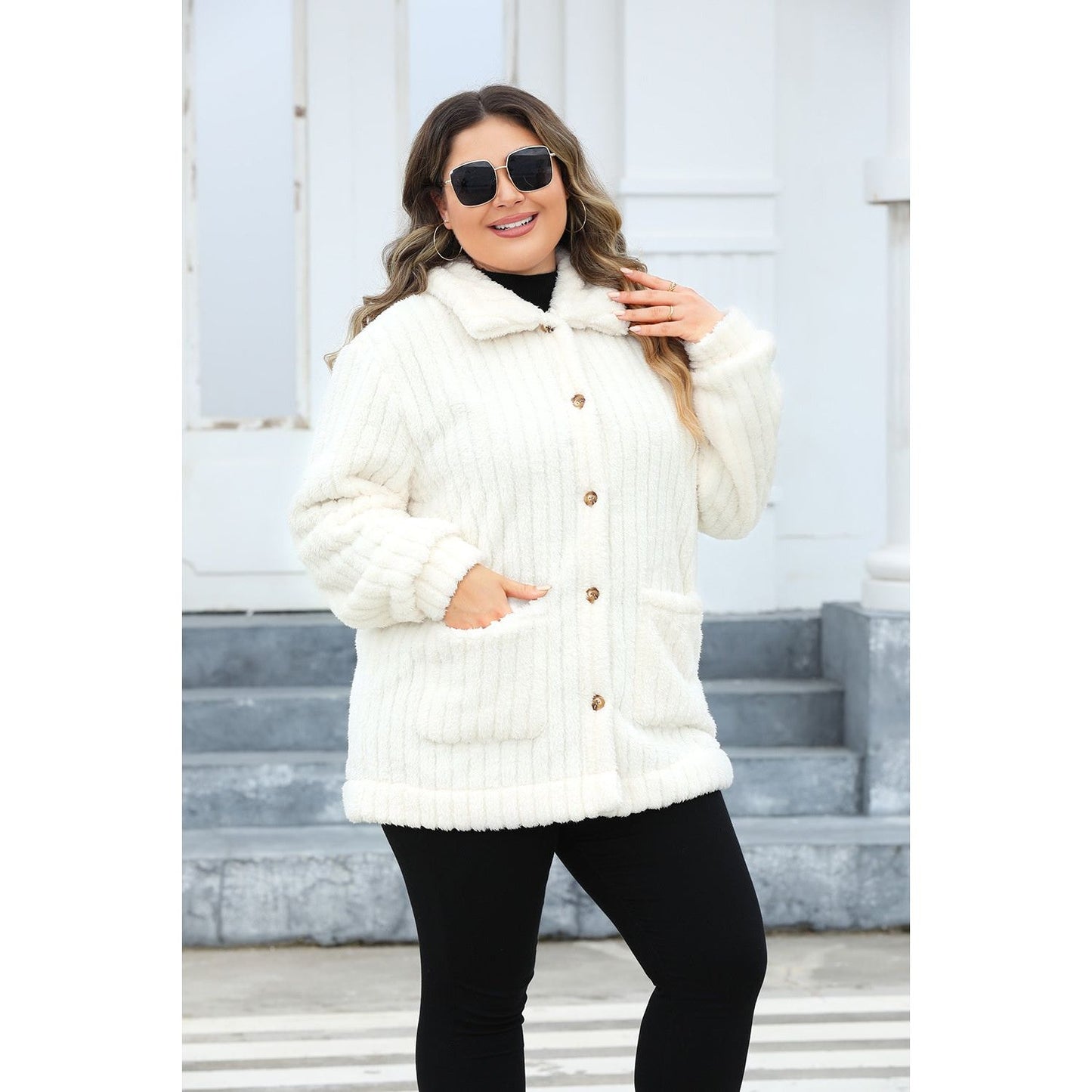 Plus Size Fuzzy Collared Neck Long Sleeve Jacket