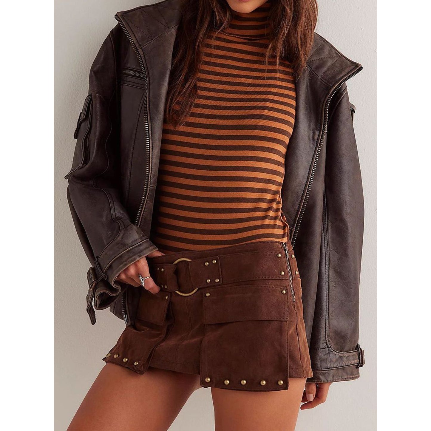 Exposed Seam Striped Turtleneck Long Sleeve T-Shirt