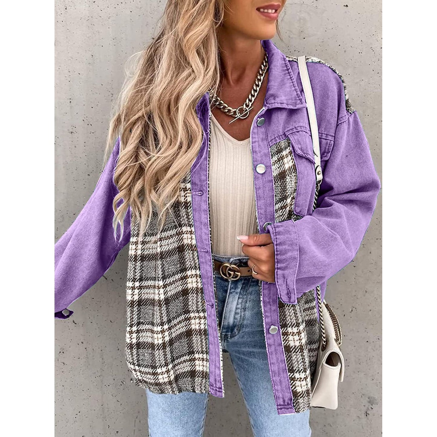 Plaid Button Up Dropped Shoulder Jacket