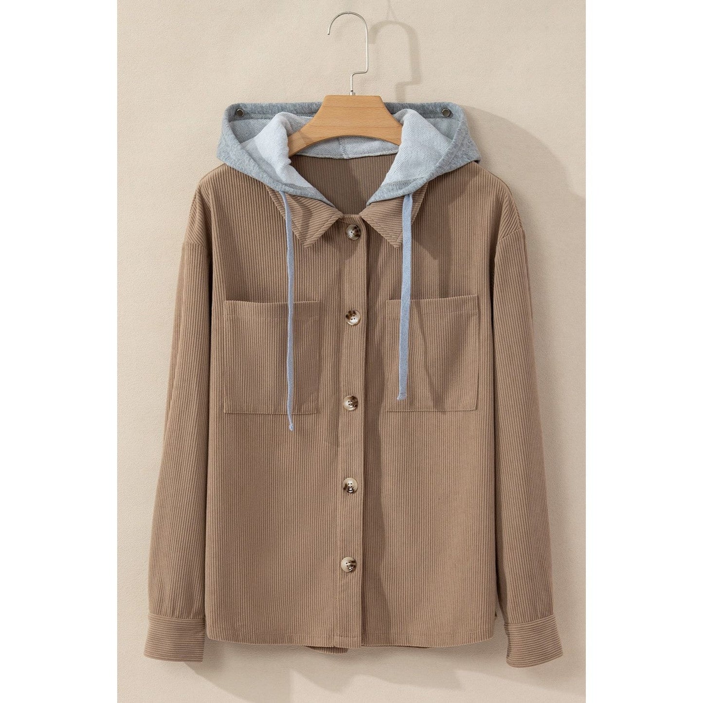 Drawstring Button Up Long Sleeve Hooded Jacket