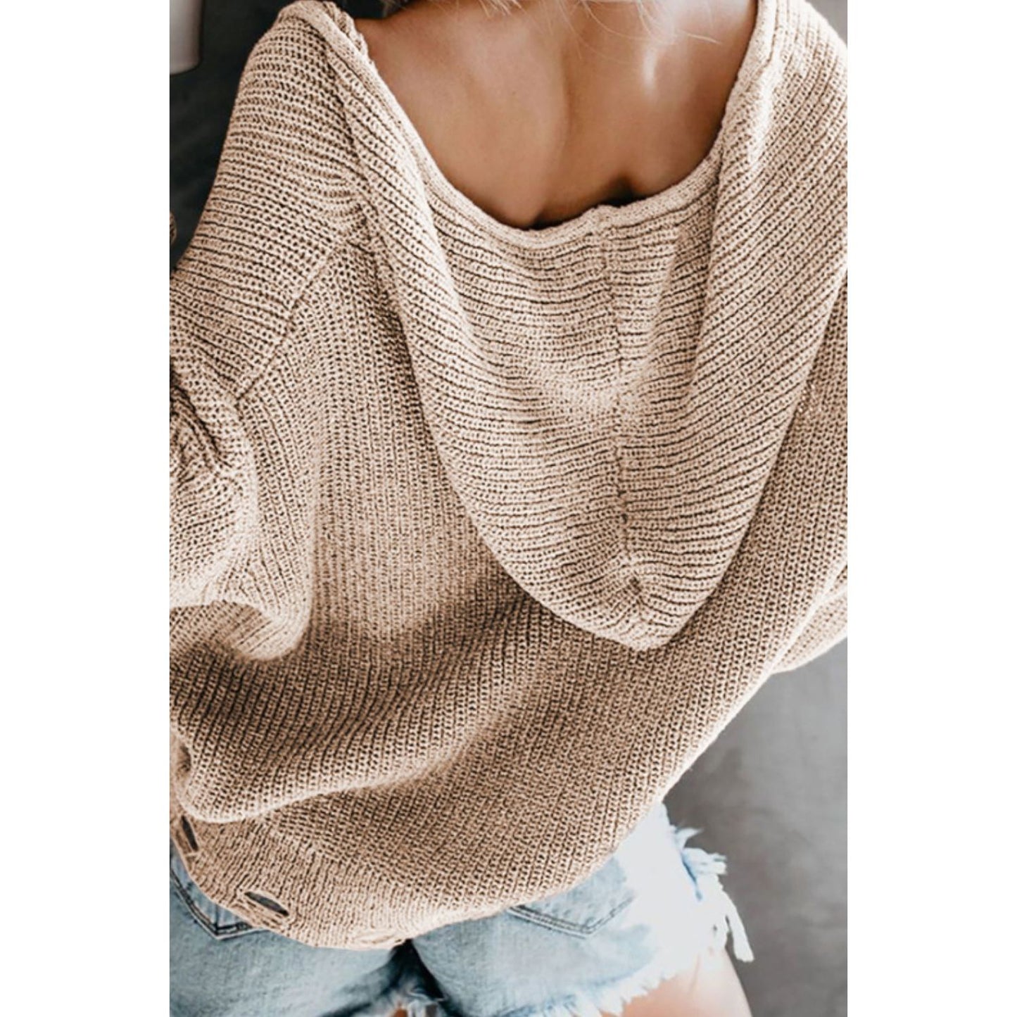 Distressed Zip Up Drawstring Hooded Cardigan