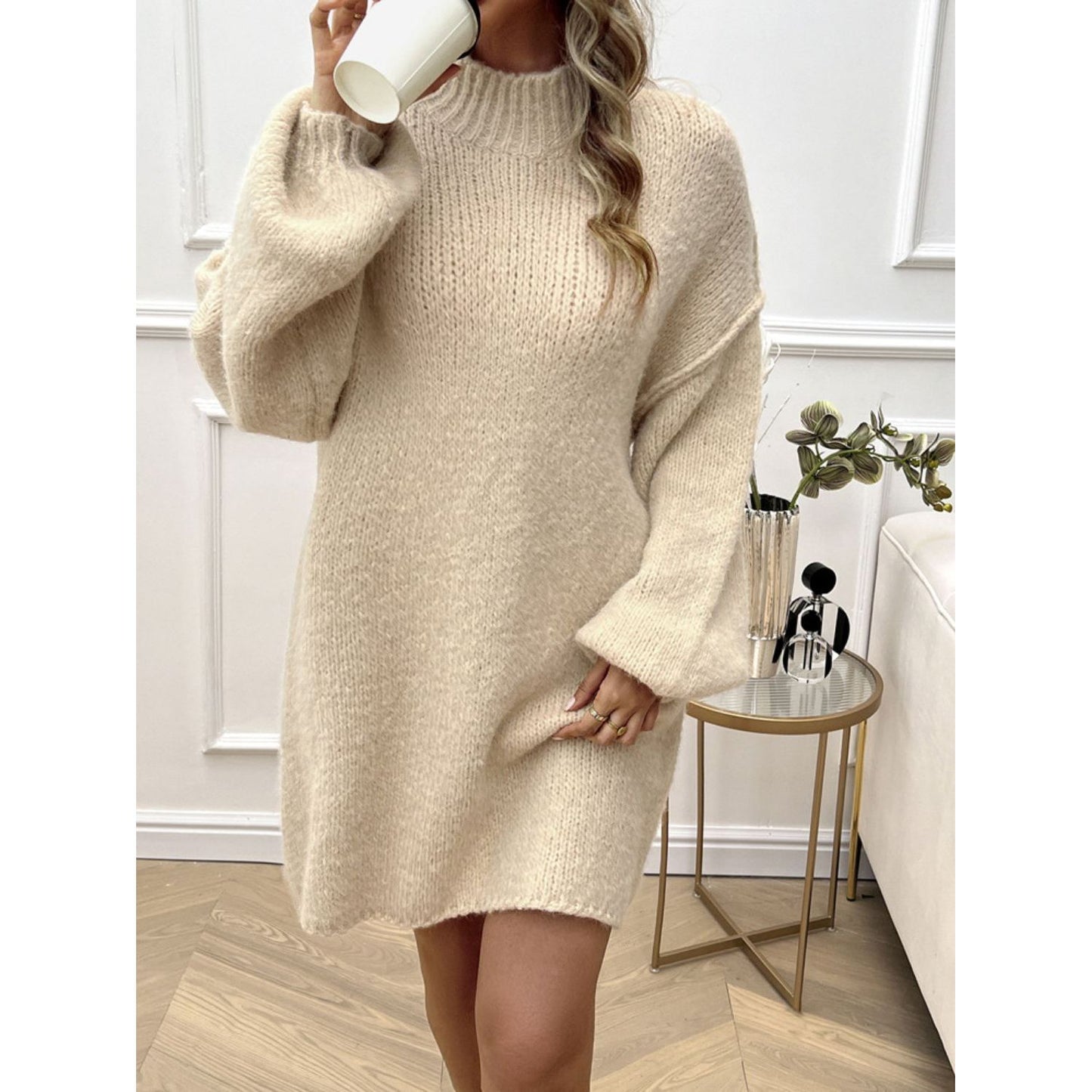 Devine Mock Neck Long Sleeve Mini Sweater Dress