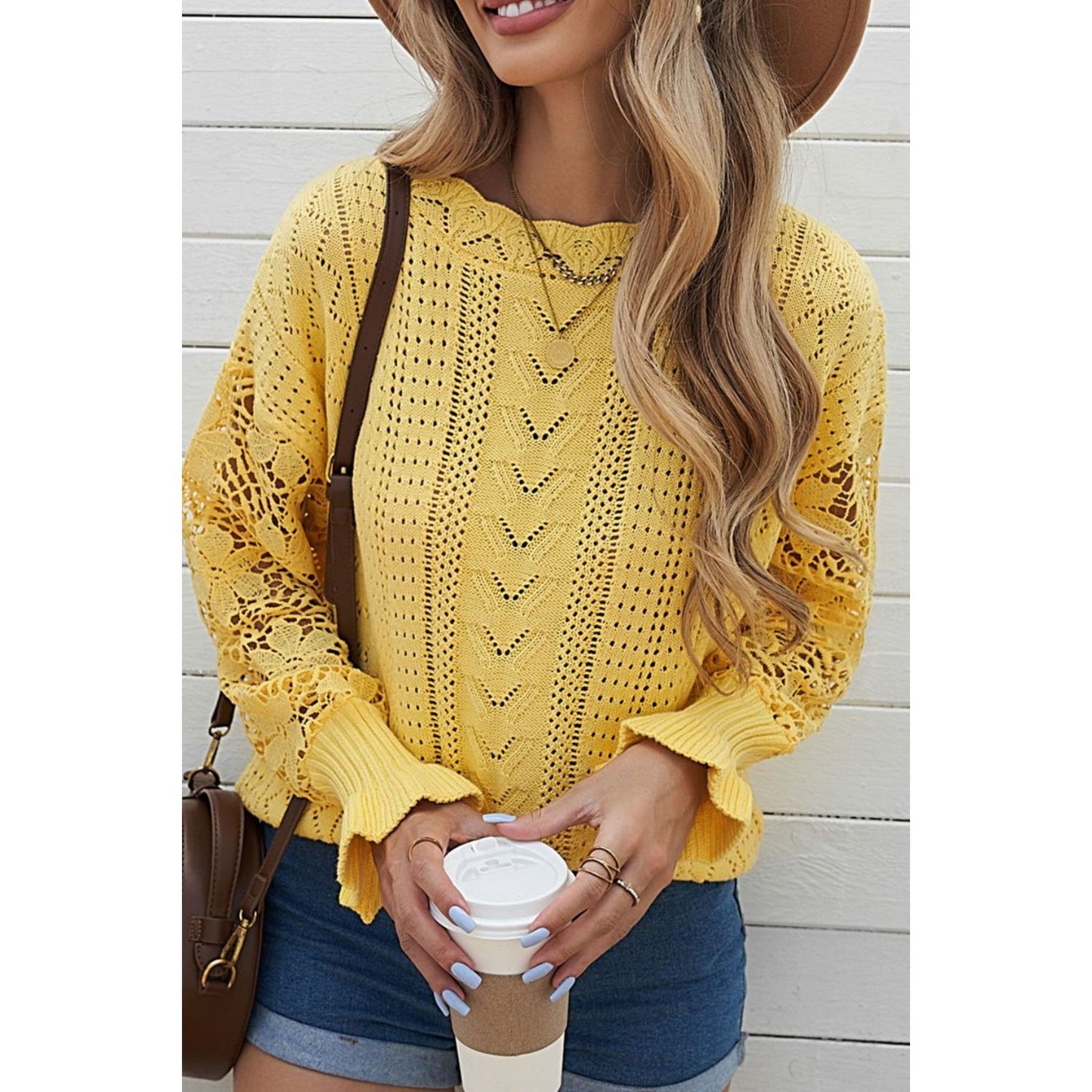 Openwork Round Neck Long Sleeve Sweater
