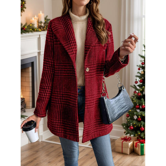 Plaid Collared Neck Long Sleeve Jacket