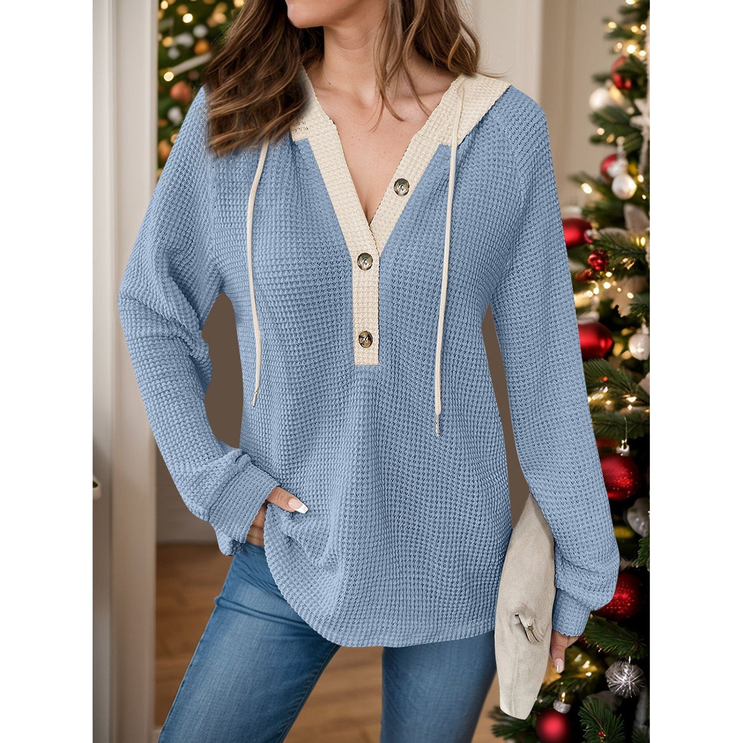 Full Size Waffle-Knit Contrast Long Sleeve Hoodie