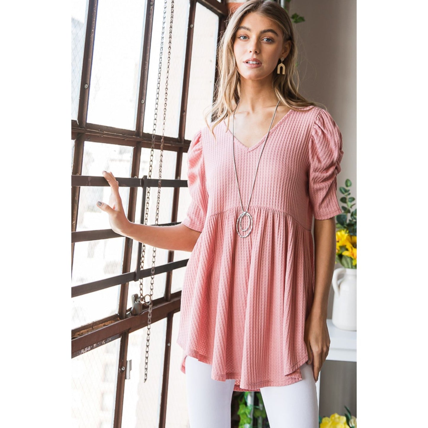 Heimish Full Size Waffle Knit V-Neck Babydoll Top