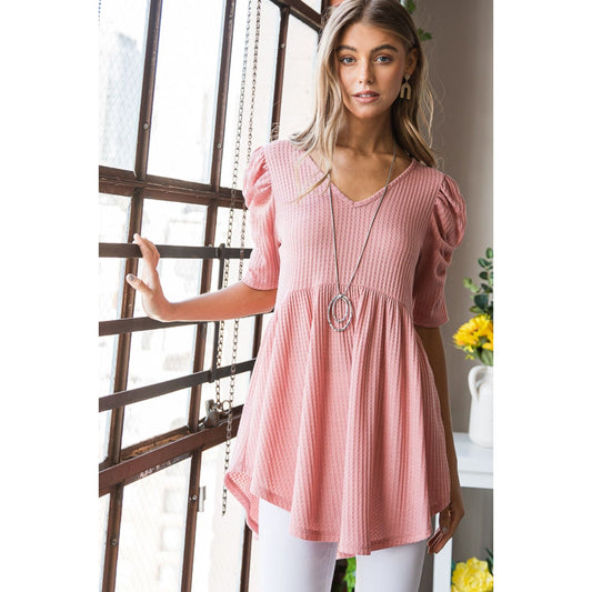 Heimish Full Size Waffle Knit V-Neck Babydoll Top