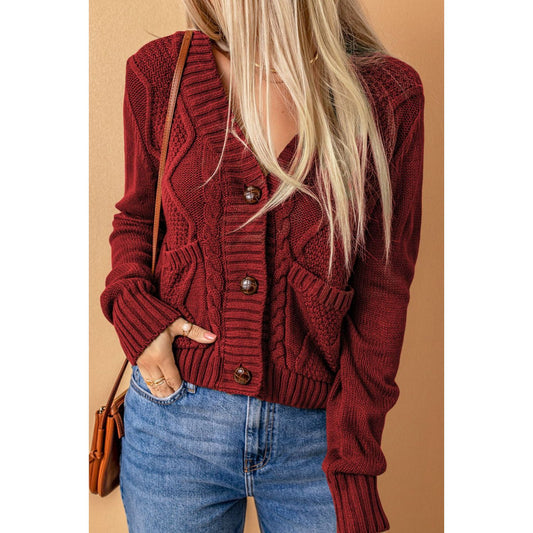 Cable-Knit Button Down V-Neck Cardigan