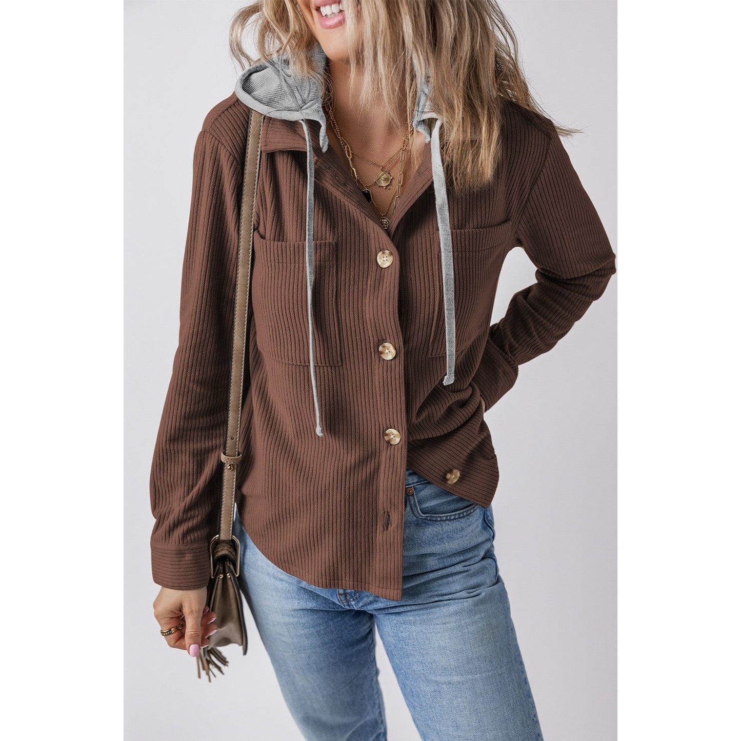 Drawstring Button Up Long Sleeve Hooded Jacket