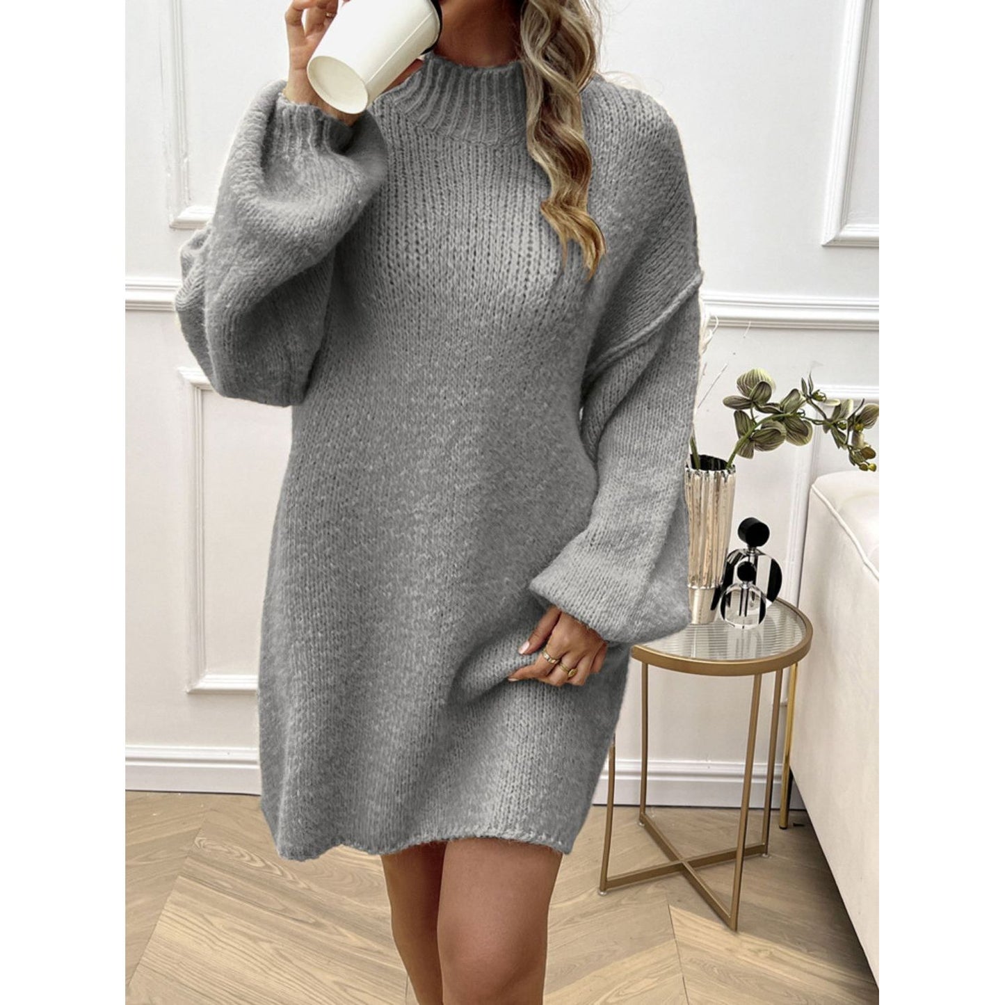 Devine Mock Neck Long Sleeve Mini Sweater Dress