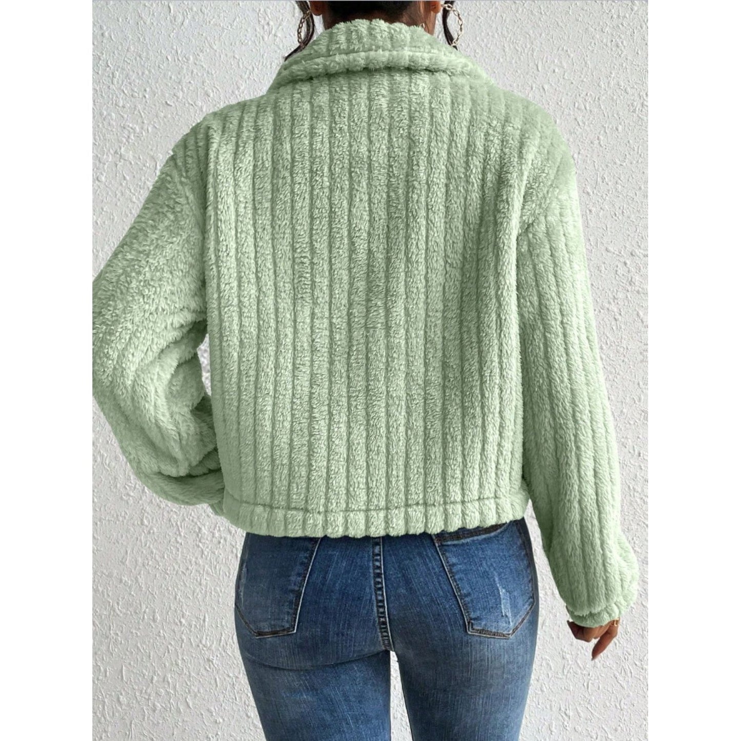 Fuzzy Button Up Collared Neck Jacket