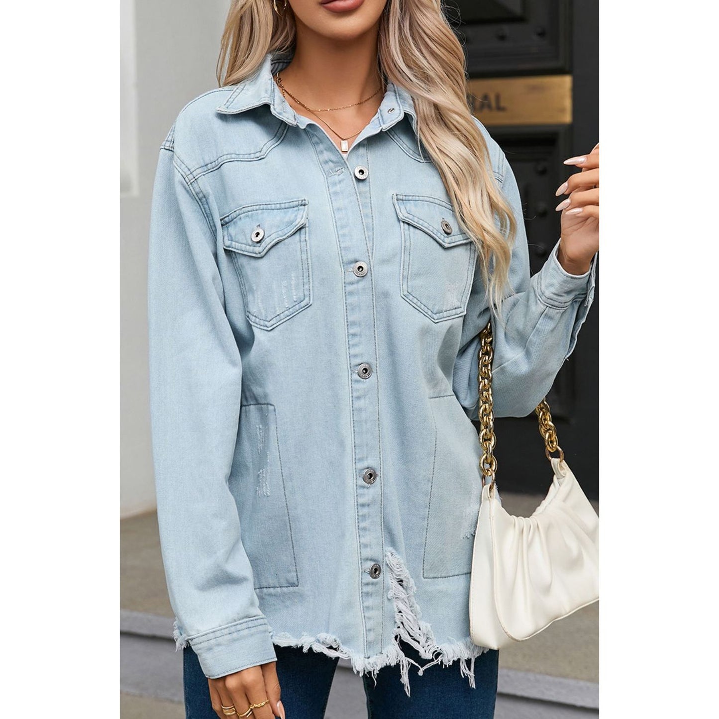 Flap Pocket Raw Hem Denim Jacket