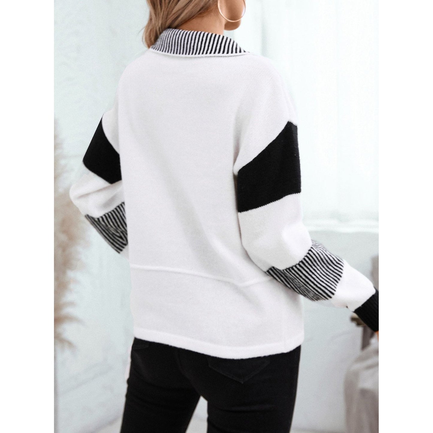 Striped Johnny Collar Drop Shoulder Sweater