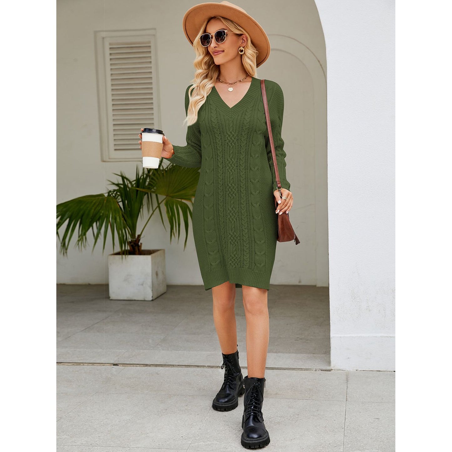 Cable-Knit V-Neck Mini Sweater Dress