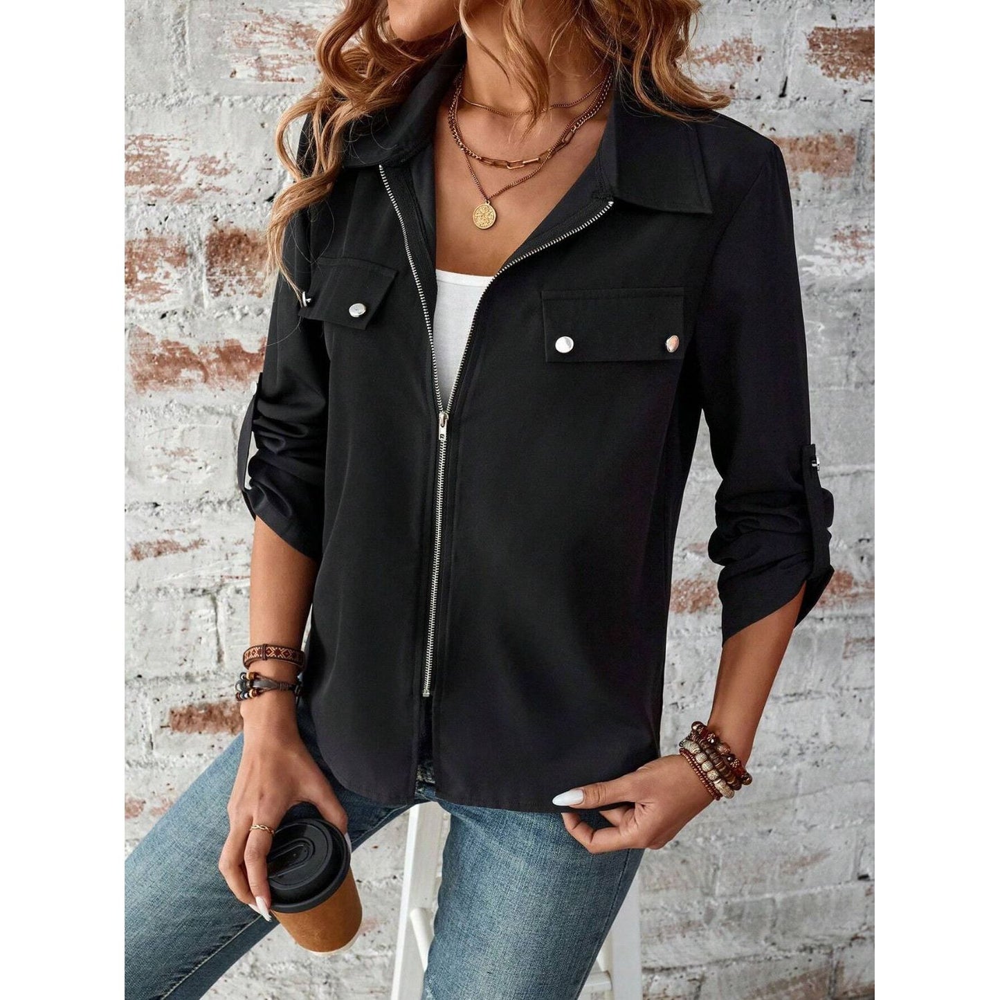 Zip Up Collared Neck Roll-Tab Sleeve Jacket