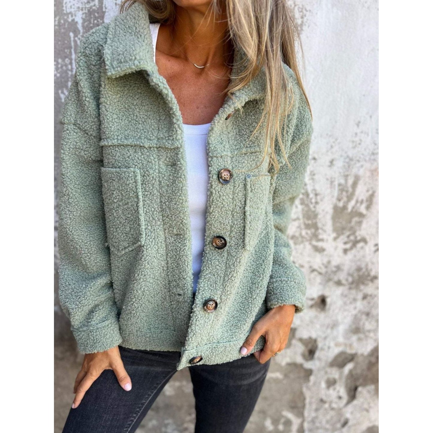 Full Size Fuzzy Button Up Drop Shoulder Jacket