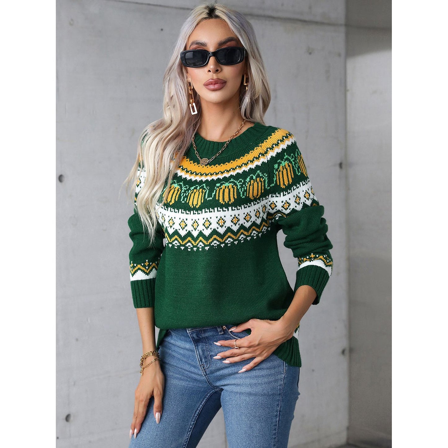 Angel Wings Geometric Round Neck Long Sleeve Sweater