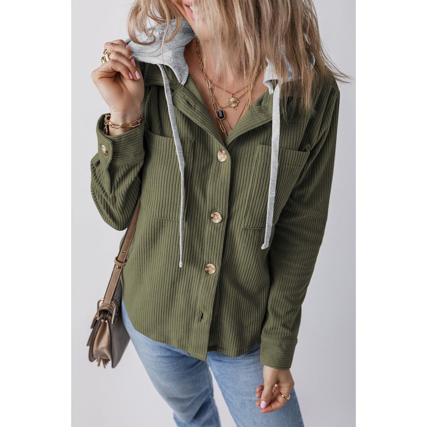 Drawstring Button Up Long Sleeve Hooded Jacket