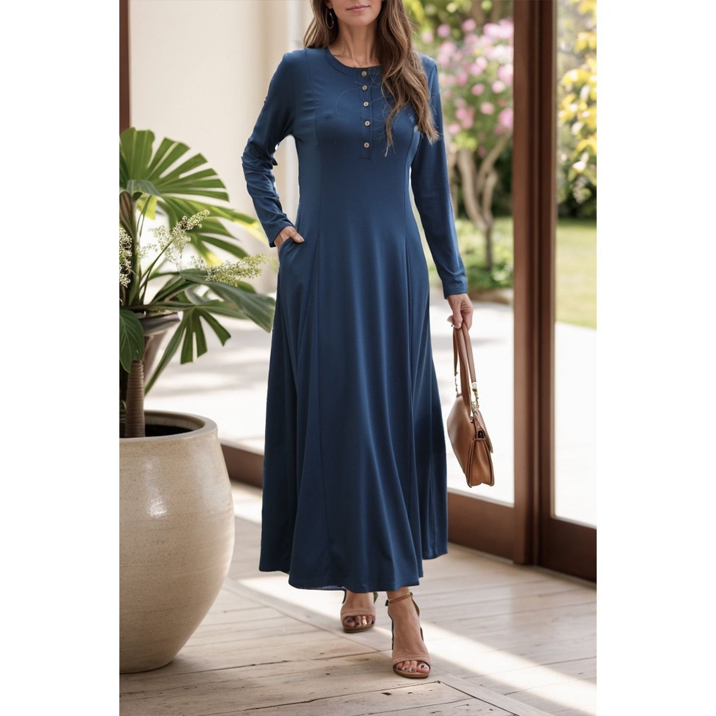 Round Neck Long Sleeve Maxi Dress with Pockets