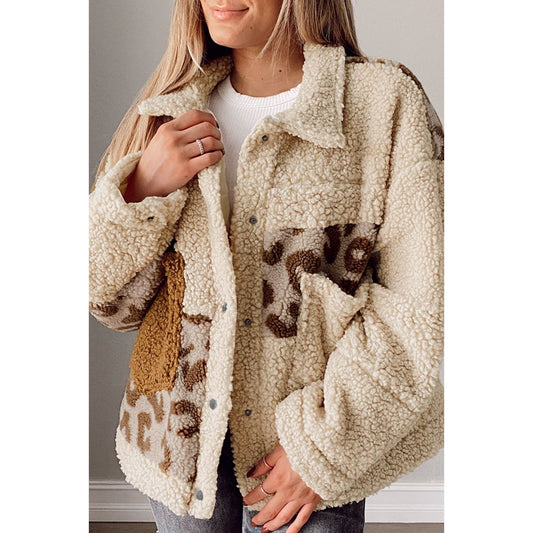 Pocketed Leopard Collared Neck Sherpa Jacket