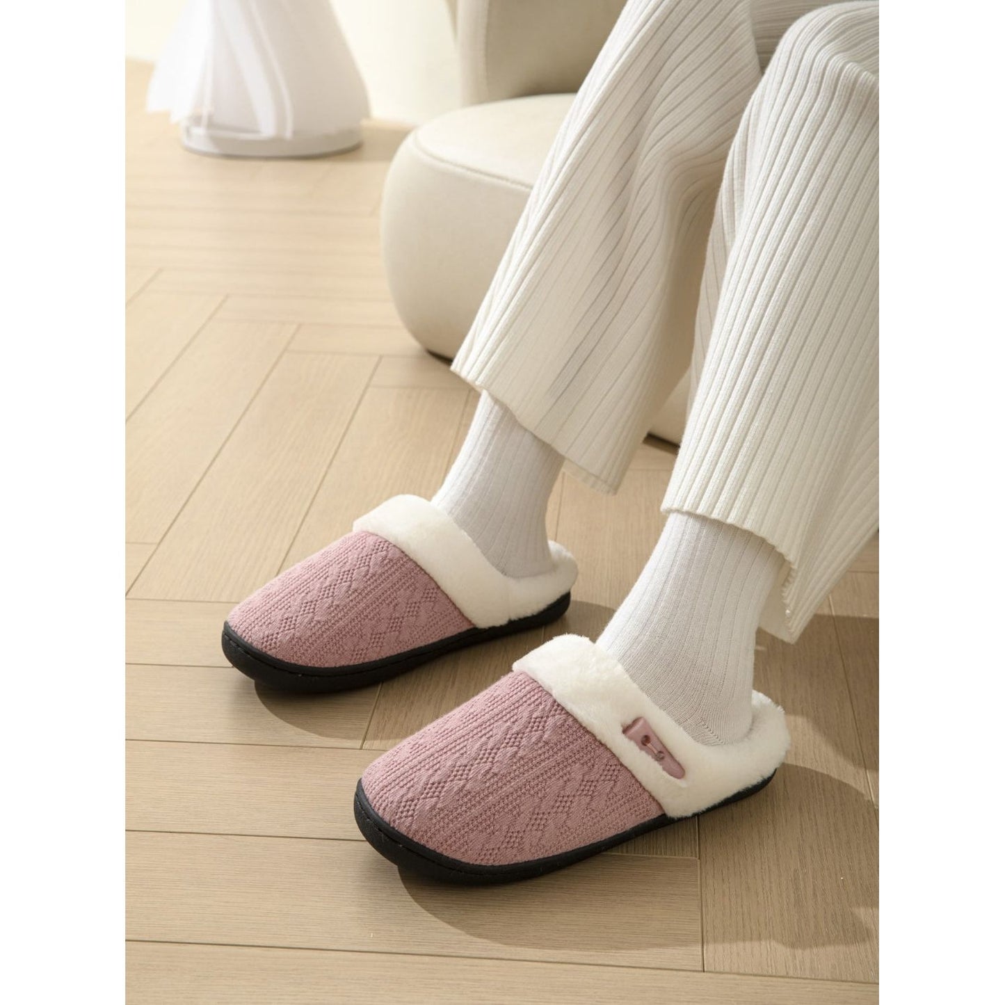 Horn Buckle Furry Texture Flat Slippers