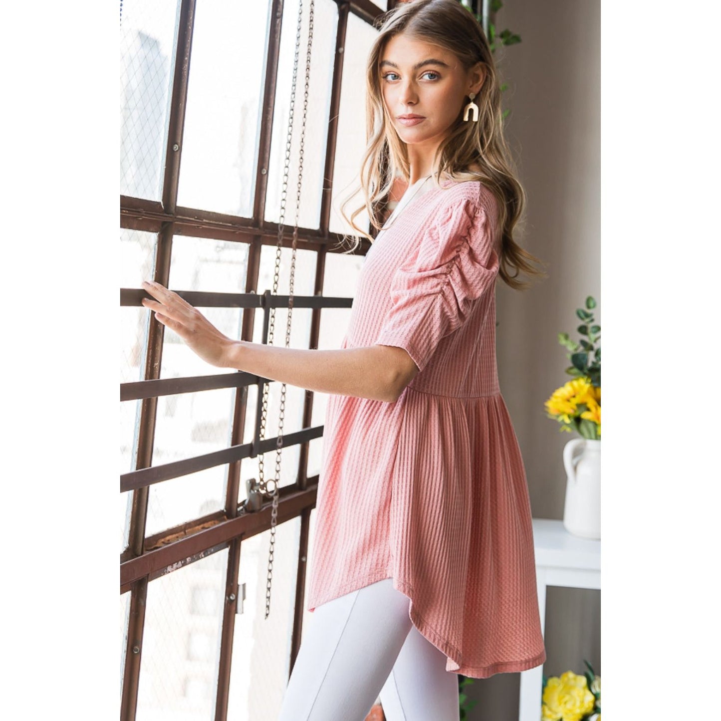 Heimish Full Size Waffle Knit V-Neck Babydoll Top