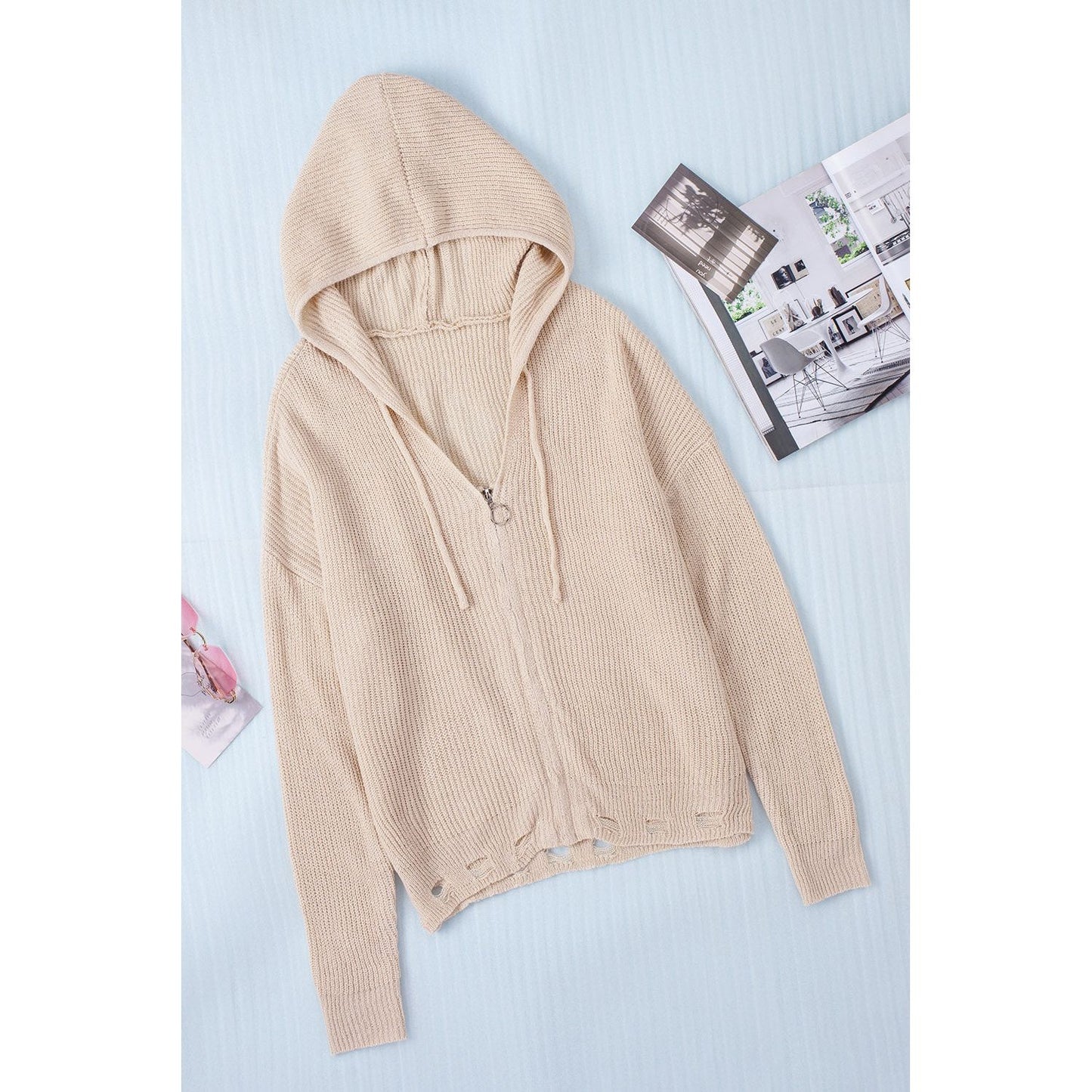 Distressed Zip Up Drawstring Hooded Cardigan