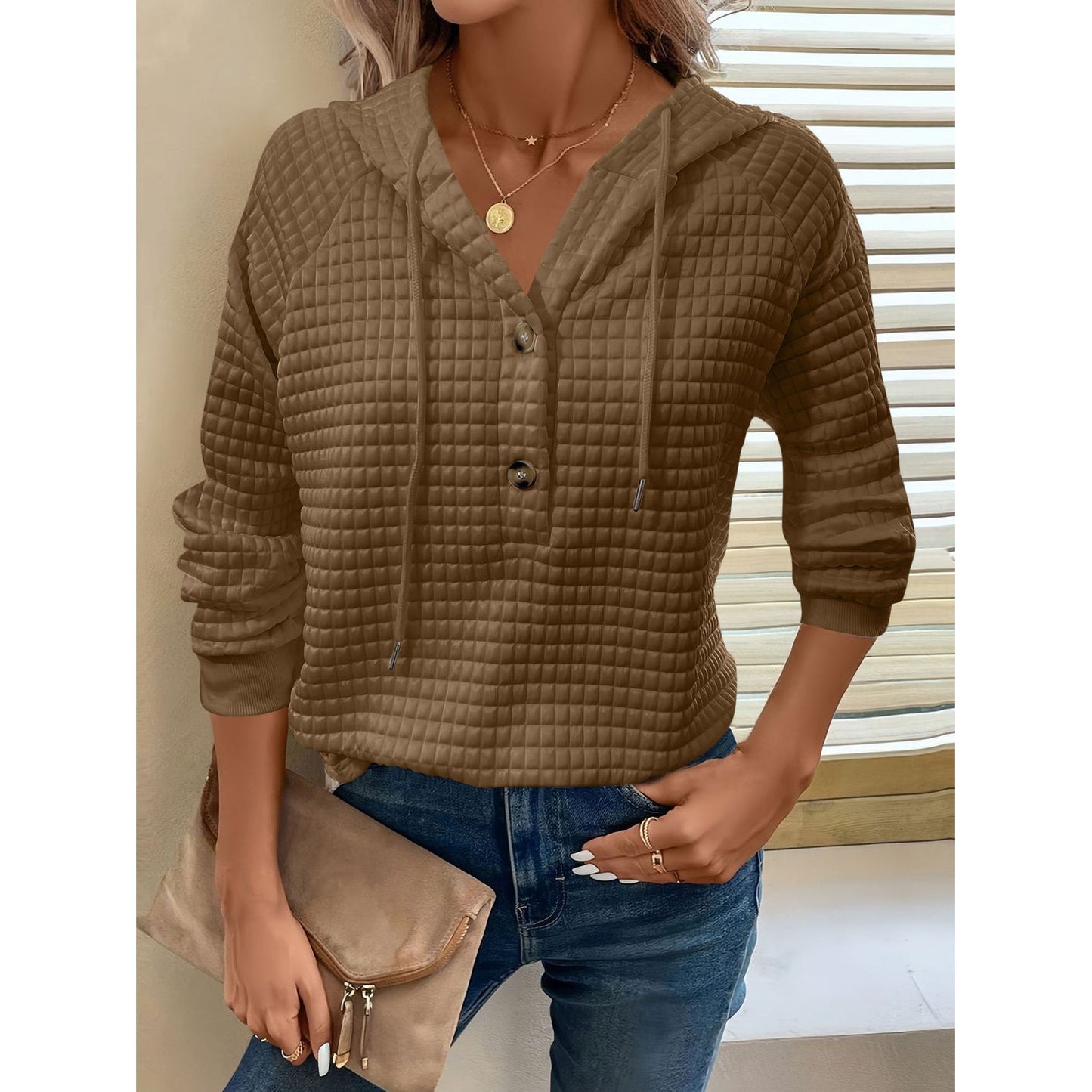 Full Size Texture Button Detail Drawstring Long Sleeve Hoodie